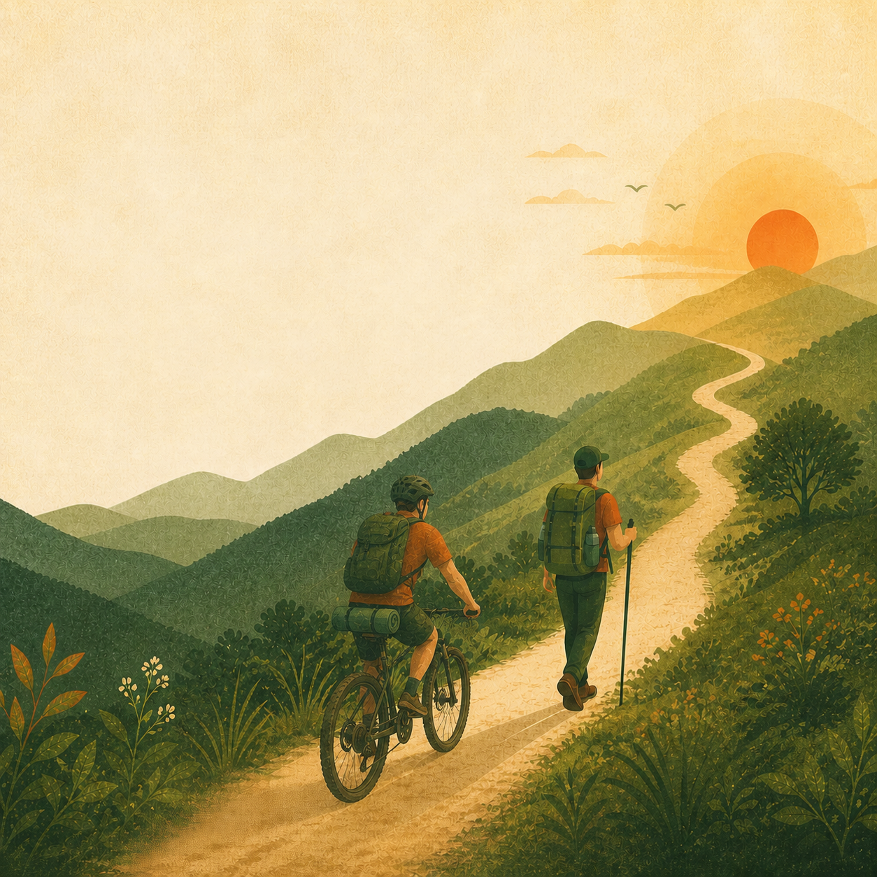 Caminhante e ciclista seguindo por um caminho entre montanhas ao nascer do sol